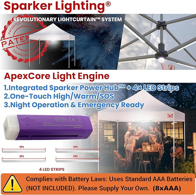 Tradesparker 10x10 Pop Up Canopy Tent,Commercial Movable Canopy with ApexCore LED&Rugged Casters-Instant Easy Setup Shelter Canopies with Weight Bags&Stakes for Outdoor Events Markets Vendors,Grey