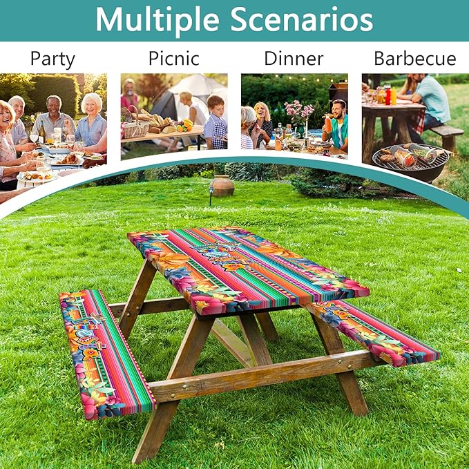 Mexican Fiesta Picnic Table Cover with Bench Covers, Cinco de Mayo Fiesta Waterproof Windproof, Camping Essentials, Fitted Tablecloth Cover with Elastic Edge, for Garden & Outdoor, 3 PCS, 30x96 Inch