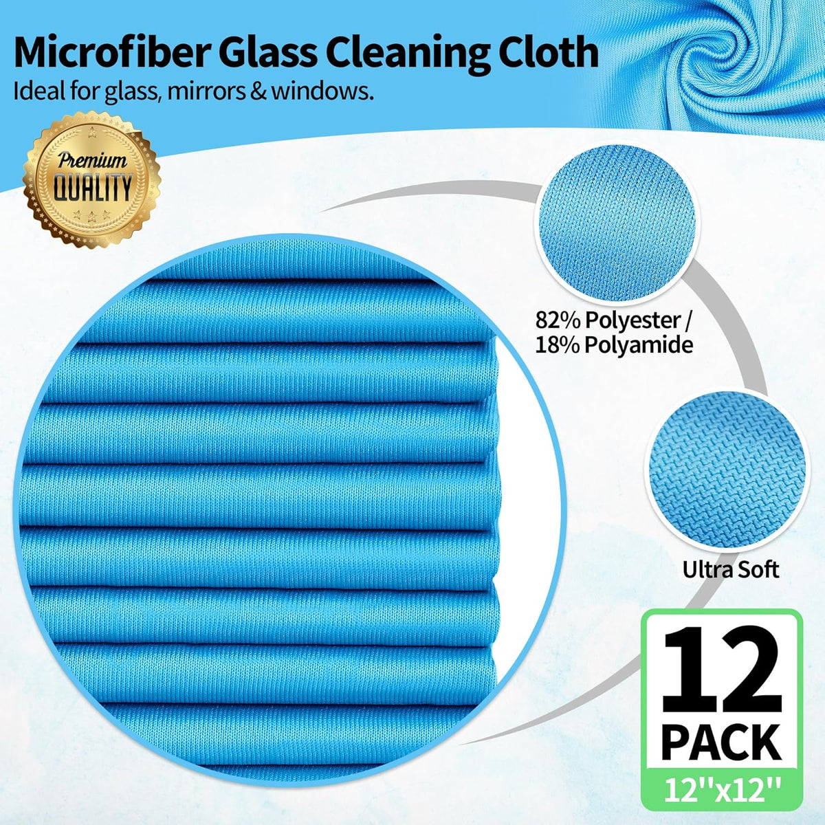 HOMERHYME Microfiber Glass Cleaning Cloth, 12 Pack Window Glass Cleaning Rags, Reusable Lint-Free Streak Free Polishing Cloth Wipes for Stainless Steel, Eyeglasses, Mirrors, Screens & Lenses,12" 12"