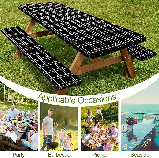 Picnic Table Cover with Bench Covers Camping Essentials Waterproof Windproof Camping Tablecloth with Drawstring Bag, Fitted Rectangle Tables and Seats, 60in, Black Checkered