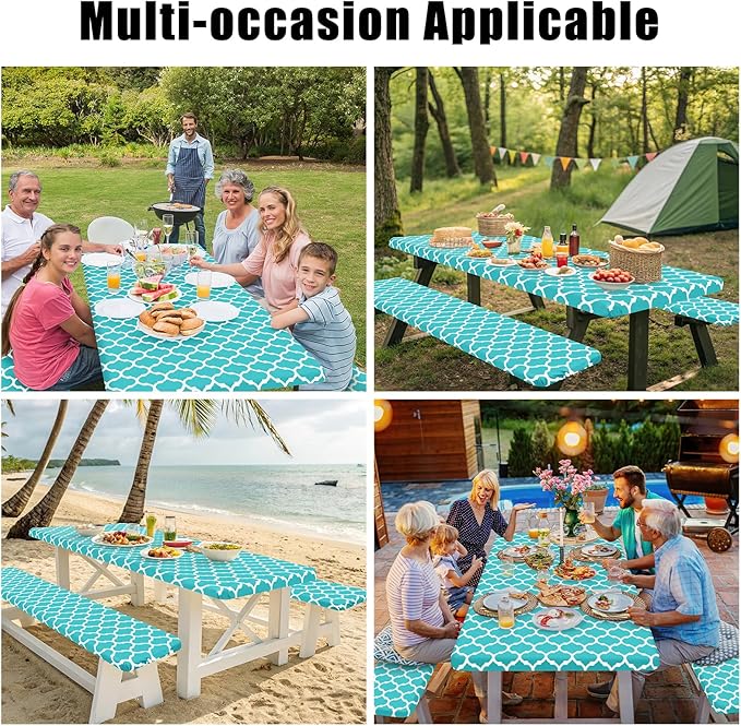 Smiry Picnic Table Cover with Bench Covers, Waterproof Elastic Fitted Tablecloth for 6 Foot Tables, Washable Polyester Tablecloths for Camping, Indoor & Outdoor (Teal, 30x72 Inch 3-pc Set)