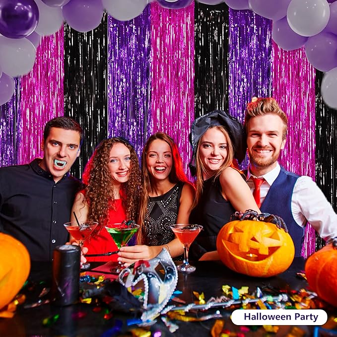 BEISHIDA 3Pcs Purple Pink Black Door Streamers Backdrop Foil Fringe Tinsel Curtains Backdrops for Birthday Witch Theme Halloween Party Decoration (3.28 ft x 6.56 ft)