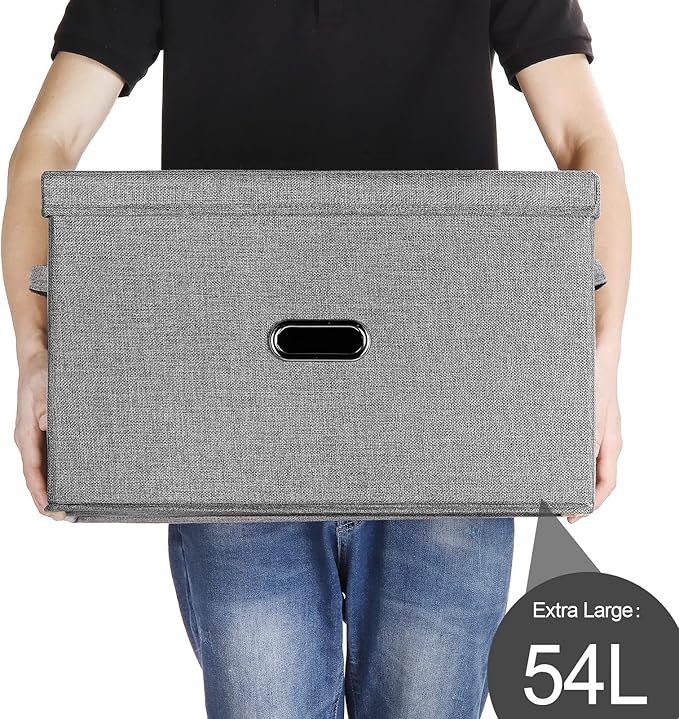 Large Linen Fabric Foldable Storage Bins with Removable Lid and Handles, Washable Storage Box Organizer Containers Baskets Cube with Cover for Bedroom,Office(Black, Extra Large(2-Pack))
