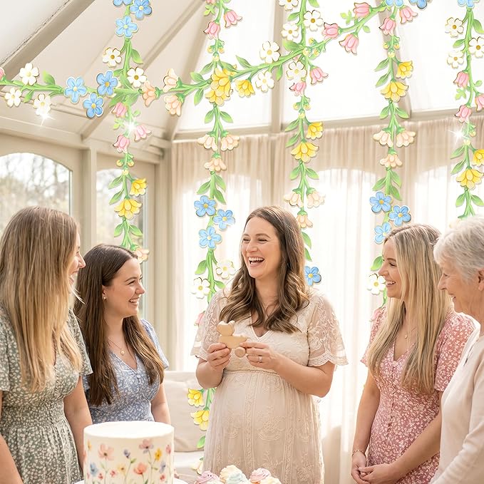 Cheerland Wildflower Garland Floral with Gold Foil Garden Party Decorations Flower Banner Birthday Baby in Bloom Decor Sprng Fairy Tea Party Supplies Woodland Bridal Shower Flower Decor 6 Pcs