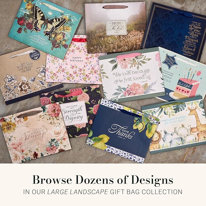 Christian Art Gifts Large Landscape Inspirational Scripture Gift Bag, Tag & Wrapping Tissue Paper Set for Women: Be Still Psalm Encouraging Bible Verse, Satin Ribbon Handles, Multicolor Rose Floral