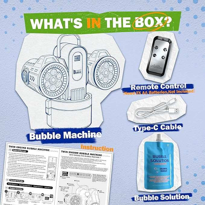 Belemar Dual-Engine Bubble Machine for Kids with RGB Lights & Remote Control, 150° Auto Rotation, Battery Status Display, Type-C Rechargeable,700mL Tank for Parties, Weddings, Outdoor Events