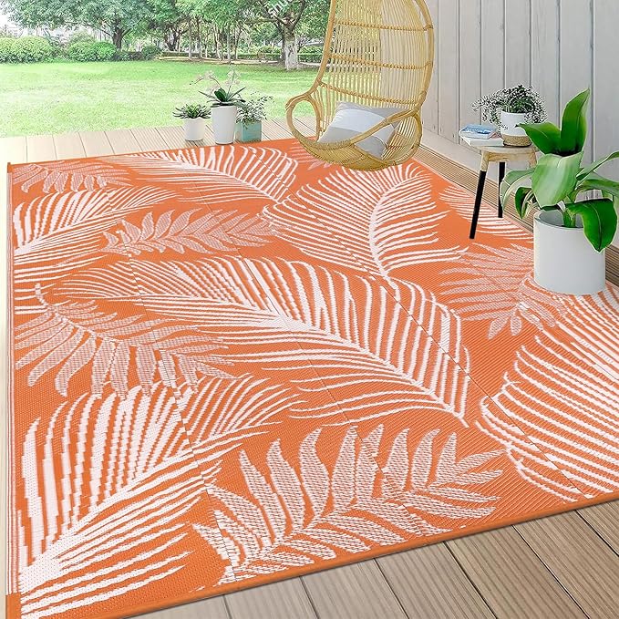 Pauwer Waterproof Outdoor Rug 8x10, Reversible Plastic Straw Patio Camping Rug, Indoor Outdoor RV Mat Carpet for Deck, Camper, Porch, Balcony, Backyard, Picnic, Leaf Orange