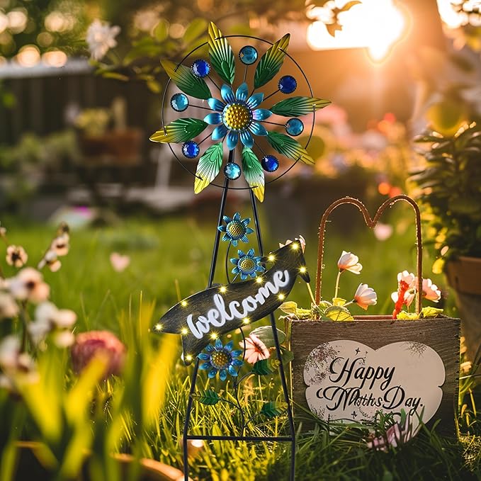 TERESA'S COLLECTIONS Hummingbird Garden Solar Stake, Wind Spinner Yard Art Sign for Outdoor Decor, Metal Purple Floral Windmill Decorative Garden Stake for Lawn Ornaments, Gifts for Mom, 26''