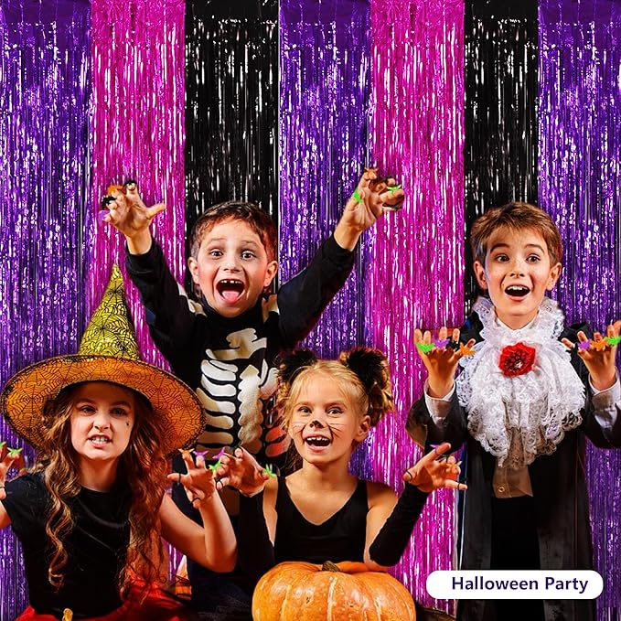 BEISHIDA 3Pcs Purple Pink Black Door Streamers Backdrop Foil Fringe Tinsel Curtains Backdrops for Birthday Witch Theme Halloween Party Decoration (3.28 ft x 6.56 ft)