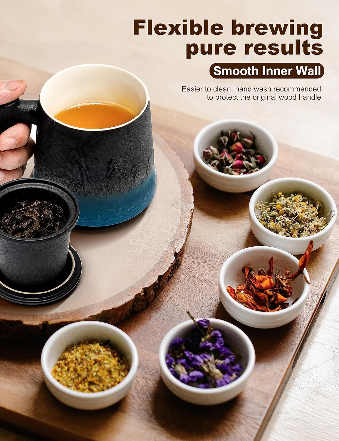suyika Ceramic Tea Cup with Infuser and Lid, Gradient Embossed Large Tea Mug Wooden Handle for Steeping Loose Leaf, Tea Lover Gifts 15.2 oz / 450 ml