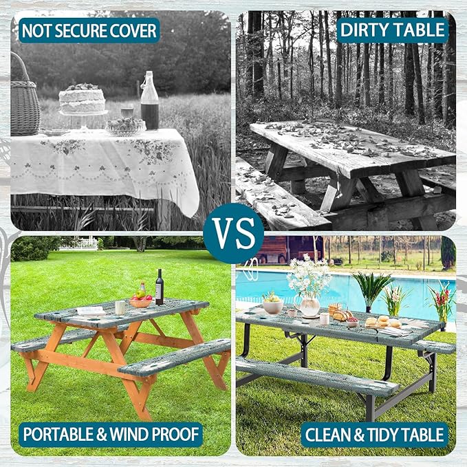 Rustic Daisy Picnic Table Cover with Bench Covers, Waterproof Farmhouse Vintage Floral on Wooden Board Teal Sunflowers Tablecloth for Camping Indoor Outdoor Party Decorations, 30X72in