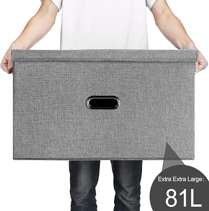 Large Linen Fabric Foldable Storage Bins with Removable Lid and Handles, Washable Storage Box Organizer Containers Baskets Cube with Cover for Bedroom,Office(Cream, XXL)