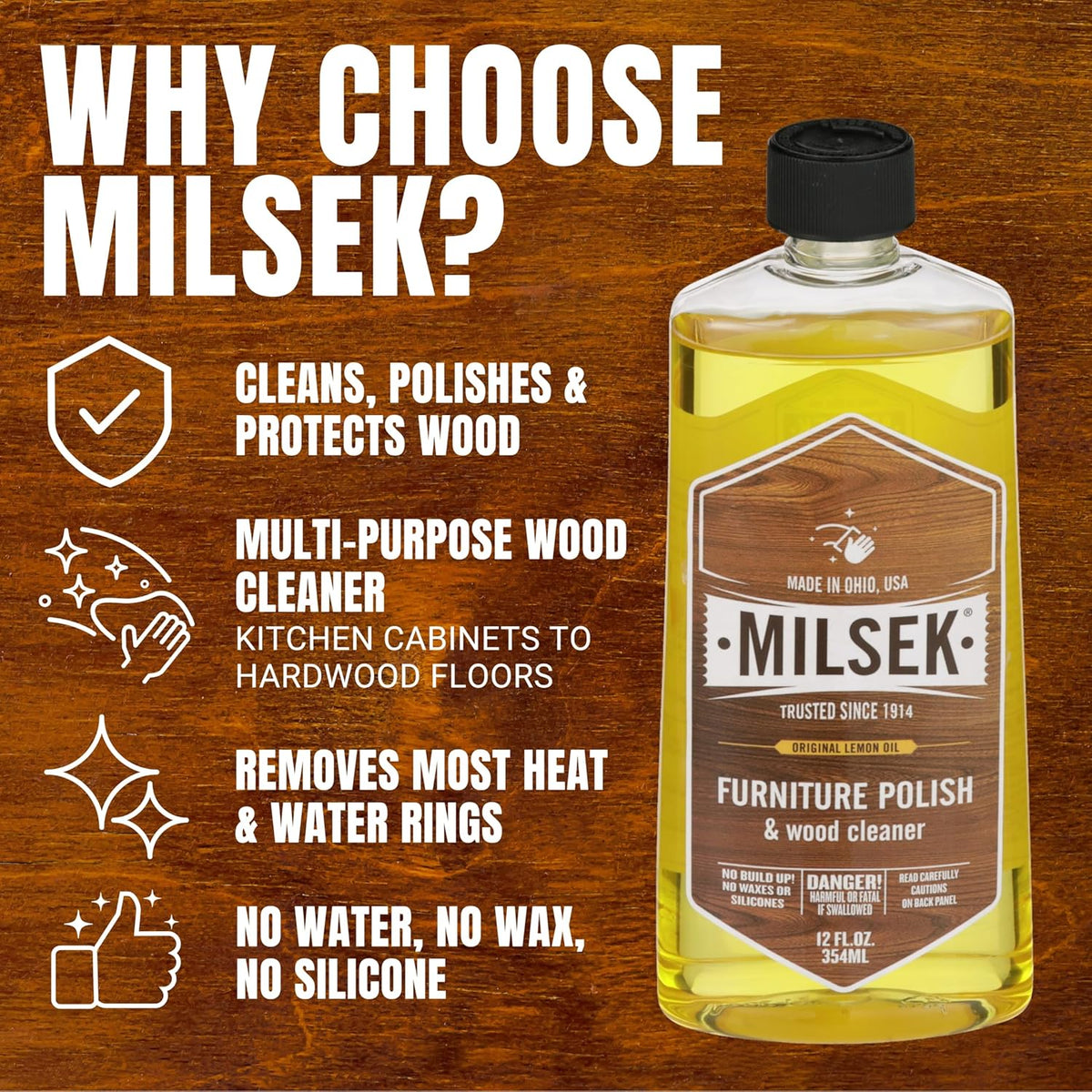 Milsek Furniture Polish and Wood Cleaner with Lemon Oil - Multipurpose Solution for Home Improvement from Hardwood Floors to Kitchen Cabinets - 12 Fl Oz (Pack of 6)