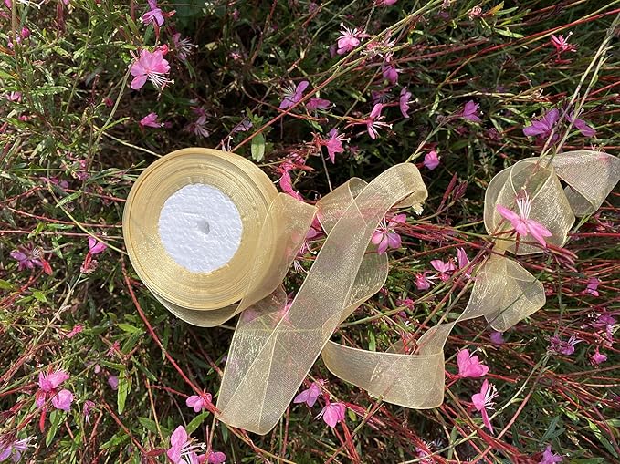 1 Inch 50 Yards Sheer Organza Ribbon Chiffon Ribbon for Gift Wrapping Wedding Bouquet Crafts (Gold)