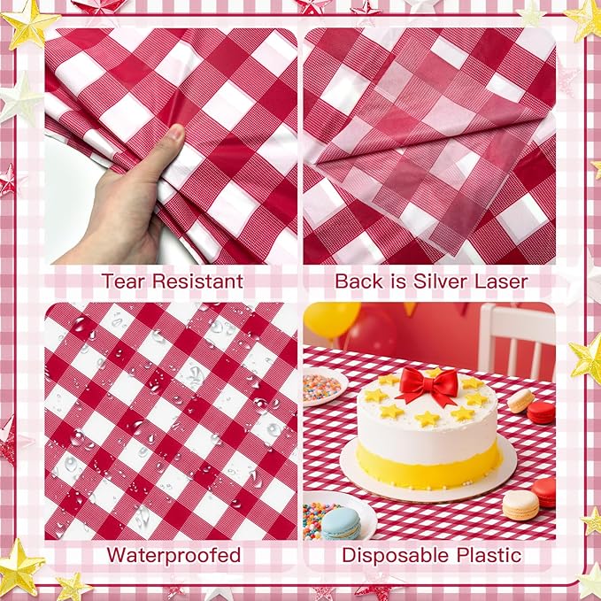 4 Pack Red Striped Gingham Tablecloths, 54 x 108 Inch Disposable Plastic Rectangle Table Covers, Waterproof Red and White Checkered Table Cloths for Picnic, Birthday, Party, Outdoor Events