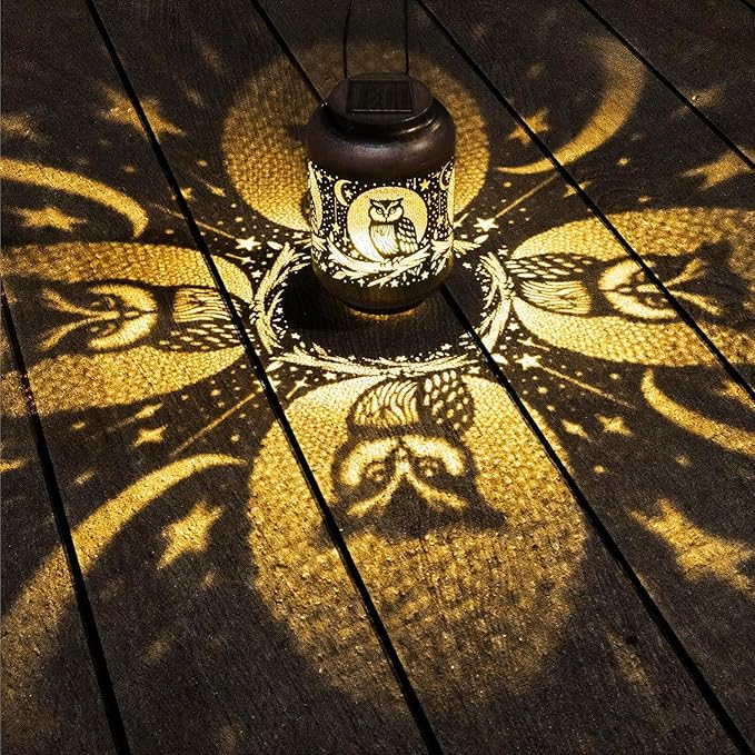 Solar Lanterns Outdoor Waterproof - Retro Metal Hanging Solar Lights with Owl Hollow-Out Pattern, Decorative Garden Decor for Outside Patio Yard Porch, Unique Owl Lovers Gifts for Women Mom Grandma