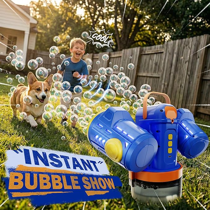 Belemar Dual-Engine Bubble Machine for Kids with RGB Lights & Remote Control, 150° Auto Rotation, Battery Status Display, Type-C Rechargeable,700mL Tank for Parties, Weddings, Outdoor Events