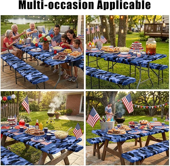 Smiry Picnic Table Cover with Bench Covers, Waterproof Elastic Fitted Tablecloth for 6 Foot Tables, Washable Polyester Camouflage Tablecloths for Camping & Indoor (Ocean Blue, 30x72 Inch 3-pc Set)