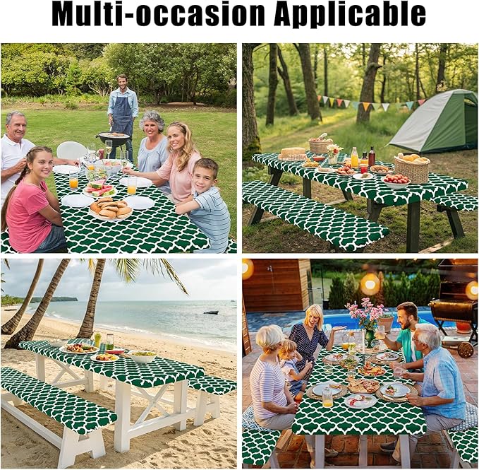 Smiry Picnic Table Cover with Bench Covers, Waterproof Elastic Fitted Tablecloth for 6 Foot Tables, Washable Polyester Tablecloths for Camping, Indoor & Outdoor (Emerald Green, 30x72 Inch 3-pc Set)