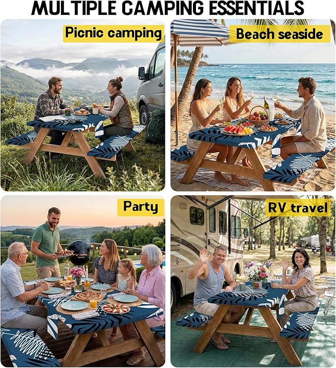 Picnic Table Cover with Bench Covers Tablecloth Glamping Essentials Gear Table Cloth Outdoor Summer Motorhome Cool Fun Unique Ideas Gifts for Camper Camping Lovers RV Owner Family Couple Dad Men Male
