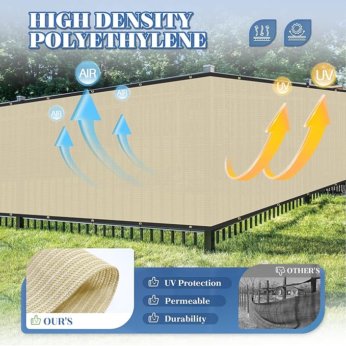 ECOOPTS 8'x69' Privacy Fence Screen Windscreen with Copper Grommets, Fit for Commercial Fence and Residential Garden Outdoor 90% UV Blockage, Cable Zip Ties Included (Beige)