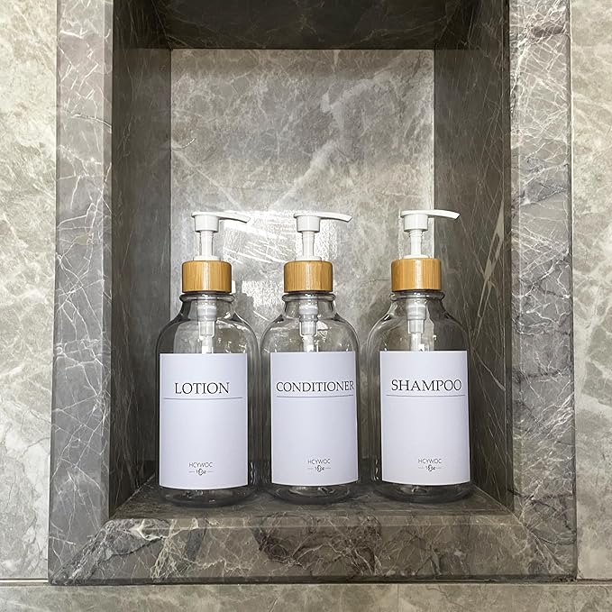 Shampoo Dispenser for Shower Wall, Shampoo and Conditioner Dispenser with 16 Waterproof Labels, No Drill Shower Soap Dispenser Bathroom, Shower Soap Dispenser Wall Mounted,17oz, 3 Pack, Clear