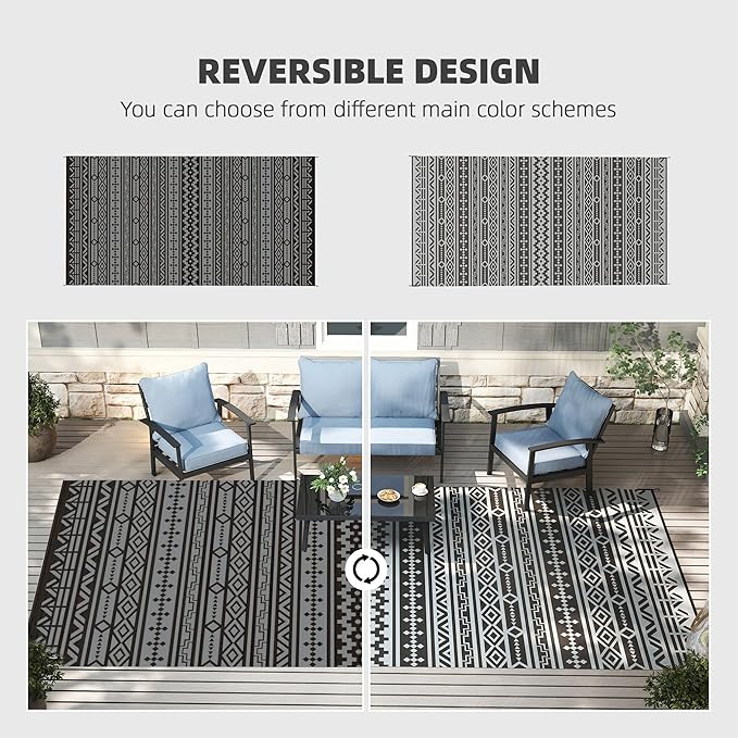 Outsunny Outdoor Rug for Patio, 9' x 18' Waterproof Large Mat, Reversible Plastic Straw Rug for Decor, Portable Outside RV Camping Area Carpet Mat for Backyard Porch Deck Picnic, Black Gray Geometric