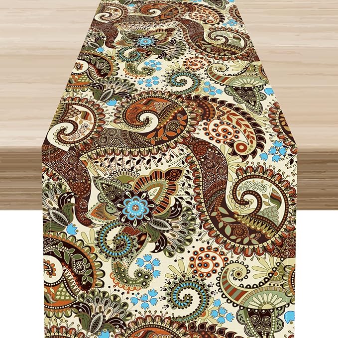 Brown Paisley Table Runner, Rustic Damask Antique Floral Flower Retro Boho Swirled Pattern Vintage Coffee Table Center Decor for Family Kitchen and Living Room Outdoor Table Decorations, 13"x90"