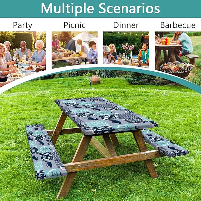 Picnic Table Cover with Bench Covers, Camping Essentials, Rustic Cabin Deer Bear Stripes Waterproof Windproof Patio Table Cover, Fitted Tablecloth Cover with Elastic Edge for Outdoor 3 PCS 30x96 Inch
