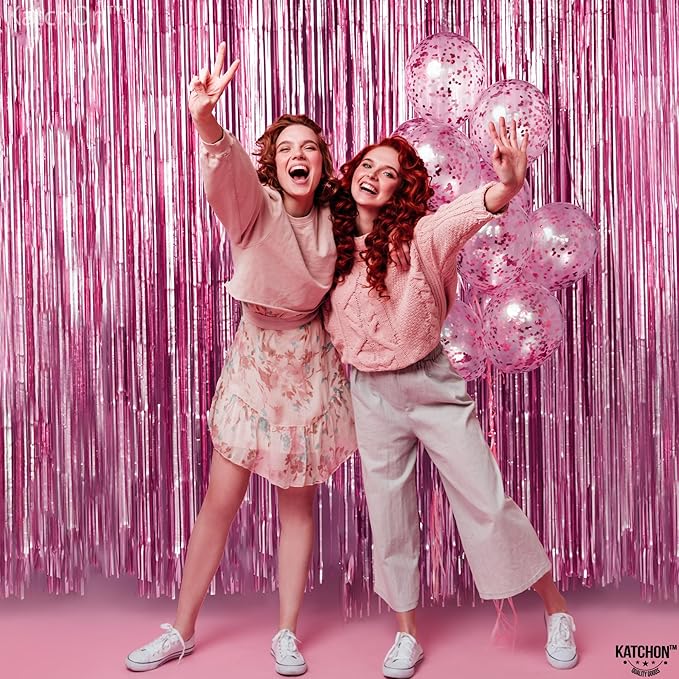 KatchOn, Pink Streamers for Party Decorations - XtraLarge 3.2x8 Feet 2Pcs Pink Backdrop Curtain Mothers Day Decorations Foil Fringe for Y2k Summer Flamingo Party Birthday Gender Reveal Decoration
