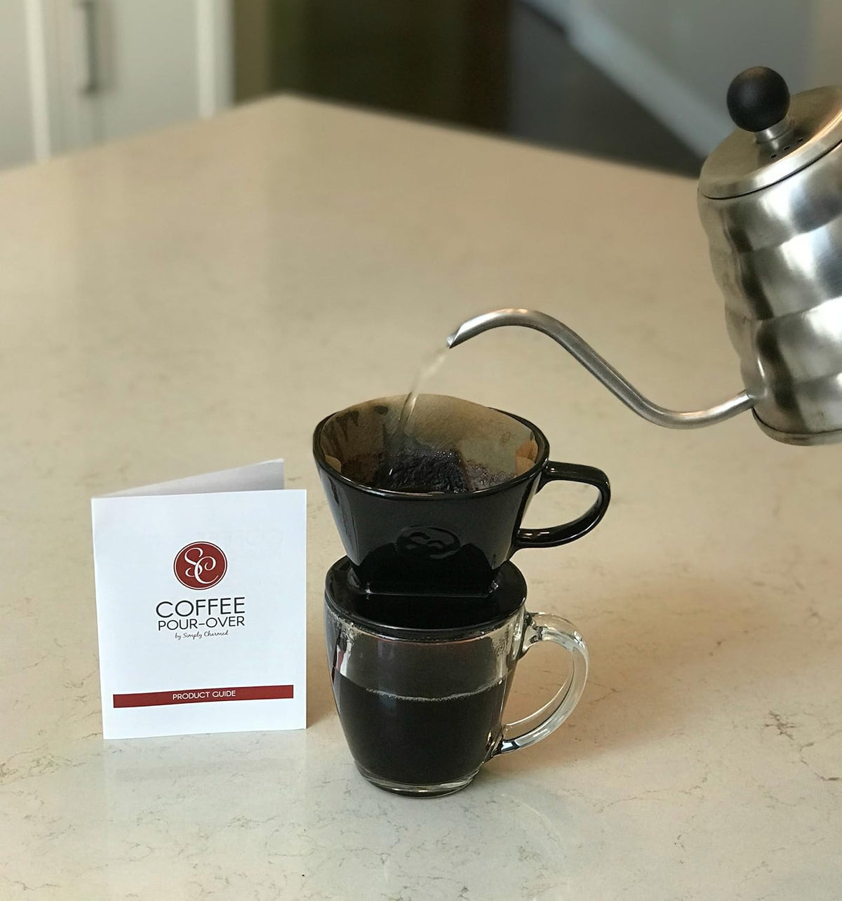 Simply Charmed Coffee Pour Over Single Cup Ceramic Brewer Coffee Maker with Melitta Filters (Black) 8-16 oz Depending on How Much Water/Grounds You