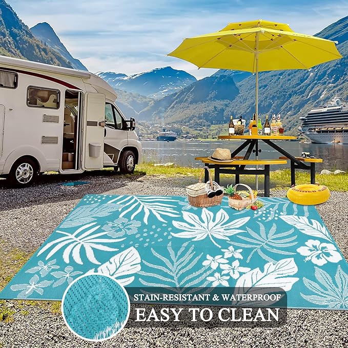 Pauwer Waterproof Outdoor Rug 6x9, Reversible Plastic Straw Patio Camping Rug, Indoor Outdoor RV Mat Carpet for Deck, Camper, Porch, Balcony, Backyard, Picnic, Floral Teal