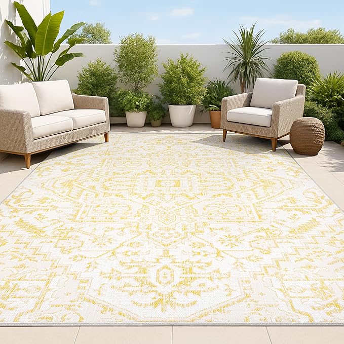 JONATHAN Y Boho Medallion Indoor Outdoor Area Rug 9X12 Cream/Yellow, Estrella Textured Weave for Backyard, Patio, Porch, Easy-Cleaning, High Traffic, Pet-Friendly, Non-Shedding (SMB105H-9)