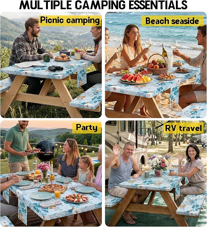 Picnic Table Cover with Bench Covers Tablecloth Glamping Essentials Travel Vacation Table Cloth Outdoor Cool Unique Fun Ideas Gifts for Camper Camping Lovers RV Owner Family Couple Women Female Mom