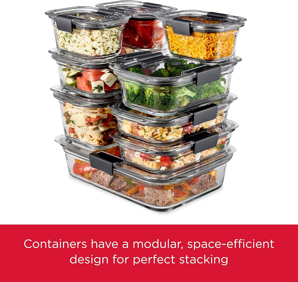Rubbermaid Brilliance Glass Food Storage set of 4 containers 8 total pieces (4 containers + 4 lids) for Lunch Meal Prep and Leftovers Dishwasher and
