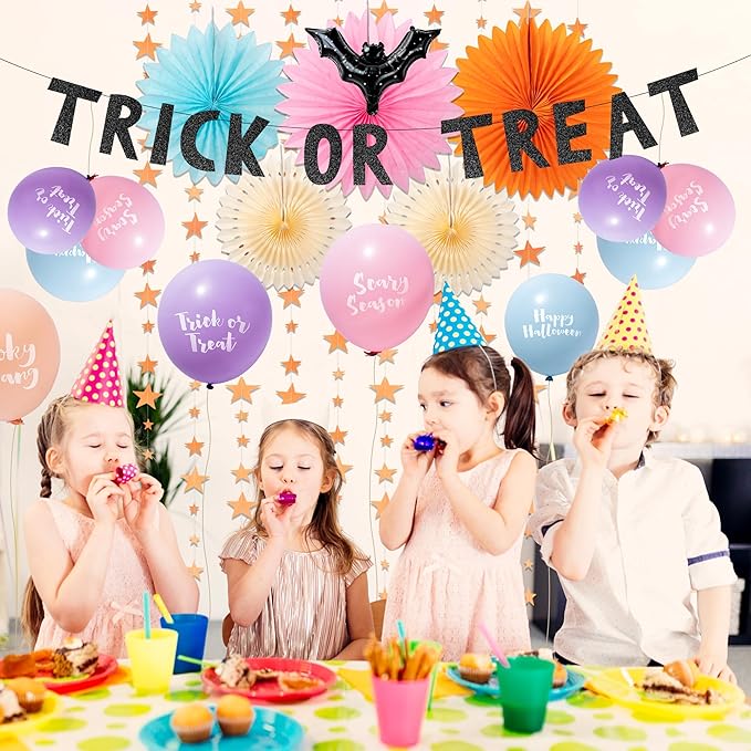 Cheerland Halloween Balloons Colorful Halloween Party Decoations Bat Garlands Pastel Halloween Decor Cute Ceiling Backdrop Photobooth Decor Star Streamers TTrick or Treat Banner Orange Paper Fan 23pcs