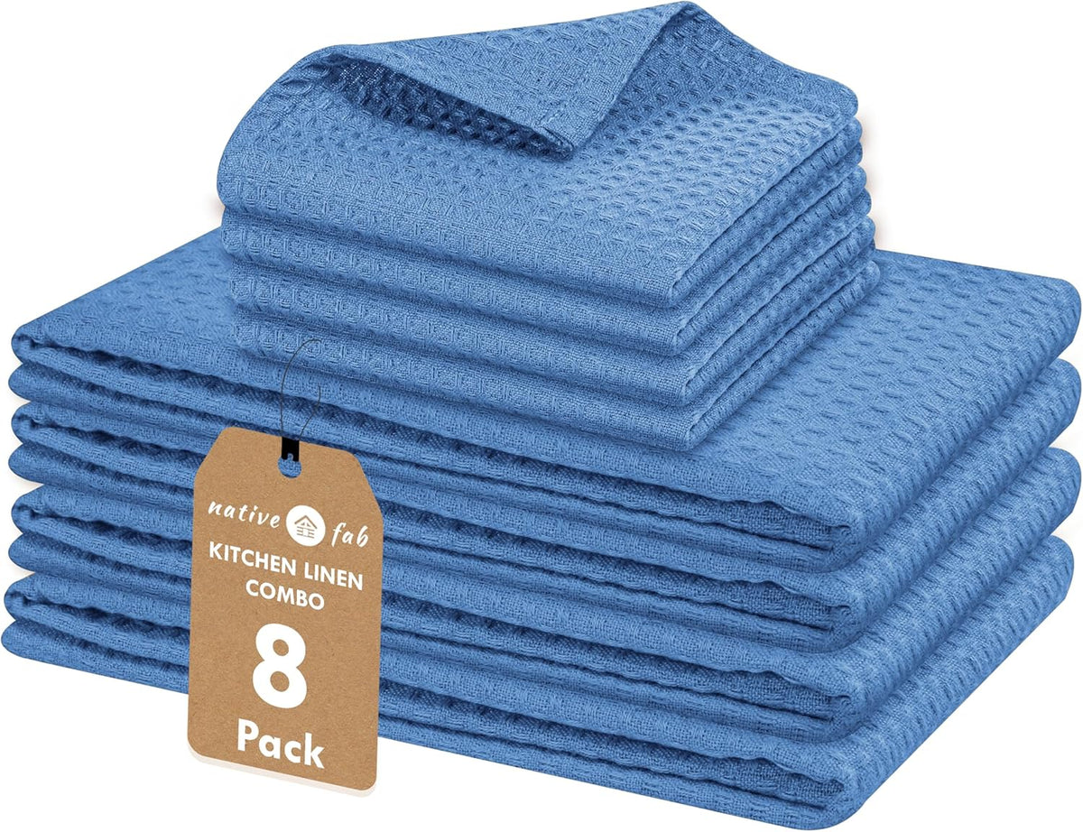 Native Fab 8 Piece Cotton Dish Towel & Dishcloths Set - Ultra Absorbent, Quick Drying, Durable Cloths for Cleaning, Cooking, Baking - Ideal for Home