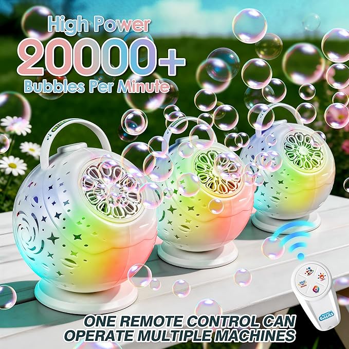 Upgraded Bubble Machine with Wireless Remote, 90° & 360° Rotating Maker, 7 Colors LED Light, 20000+ Output per Min, Type-C Charge, Automatic Blower for Kids Toddlers Indoor Outdoor Wedding