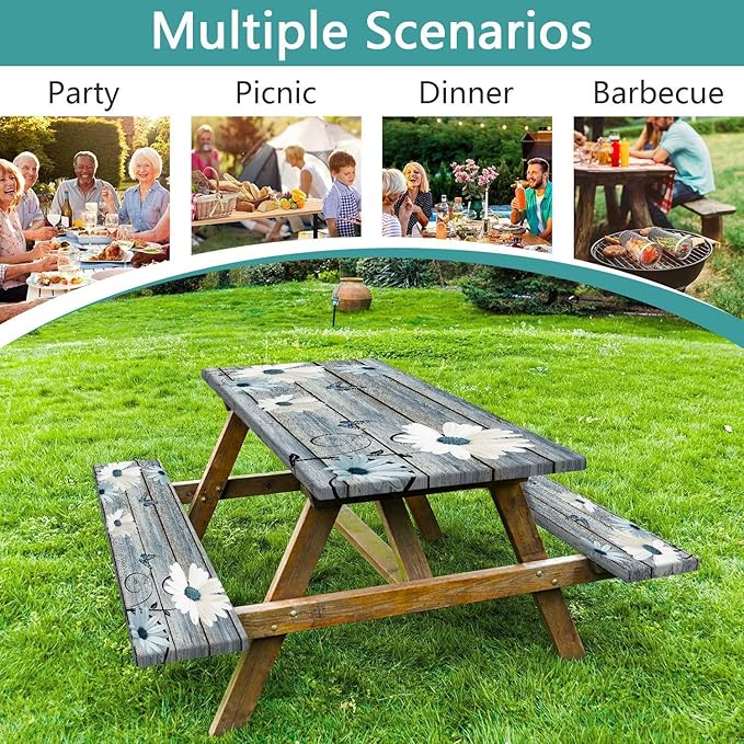 Rustic Daisy Picnic Table Cover with Bench Covers, Waterproof Farmhouse Vintage Floral on Wooden Board Blue Flower Tablecloth for Camping Indoor Outdoor Party Decorations, 30X96in
