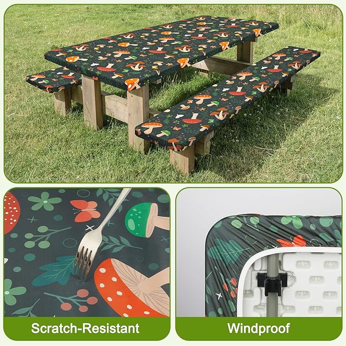 Picnic Table Cover with Bench Covers Windproof Waterproof Picnic Table Covers Camping Tablecloth with Self-Storage Bag, 72in, Black Red