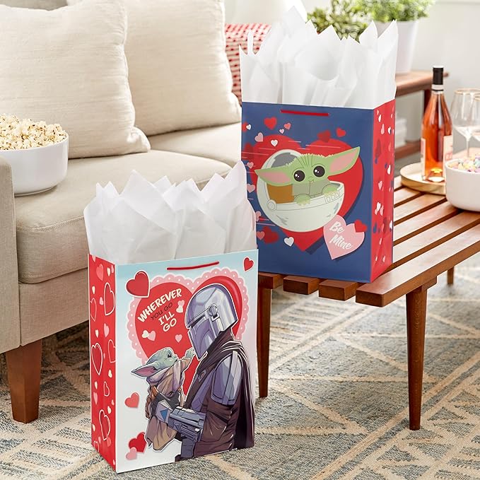 Hallmark Star Wars The Mandalorian Valentine's Day Gift Bag Set (2 Bags: 1 Large 13", 1 Extra Large 15") Grogu, Baby Yoda, for Kids, Husbands, Fans, May the 4th