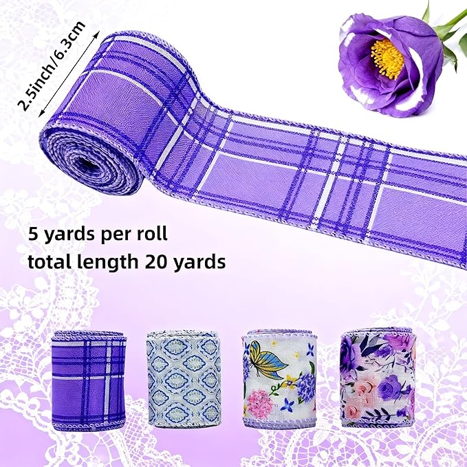 Spring Floral Wired Edge Ribbon, 2.5 Inch Wide Purple Rose Butterfly Burlap Ribbon, 4 Rolls for Mother's Day Summer Wreath Bow Making DIY Crafts Birthday Wedding Wrapping Party Decor Supplies (Purple)