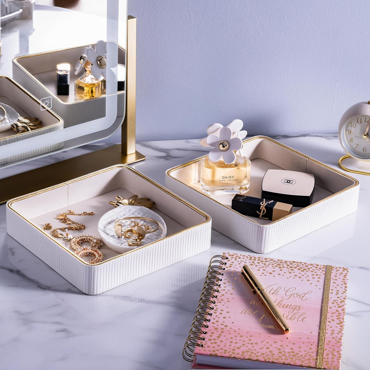 2 Pack White Catch All Trays for Jewelry, Small Leather Valet Tray, Key Bowl for Entryway Table EDC Trinket Tray Catch All