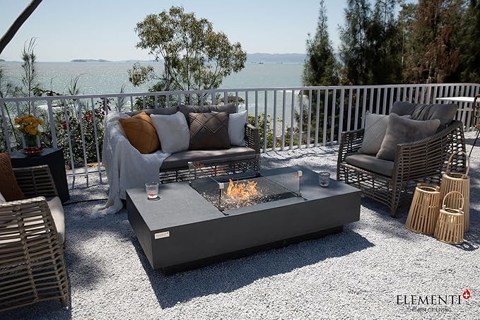 Elementi+ | Colorado Gas Fire Pit Cast Concrete 56" Rectangular Fire Table, Outdoor Fire Pit Electronic Ignition | Canvas Cover, Fire Glass and Burner Lid Included | Sunlight Yellow | Natural Gas