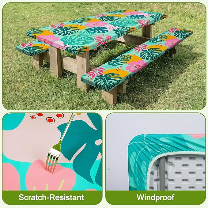 Picnic Table Cover with Bench Covers Windproof Waterproof Picnic Table Covers Camping Tablecloth with Self-Storage Bag, 72in, Light Green