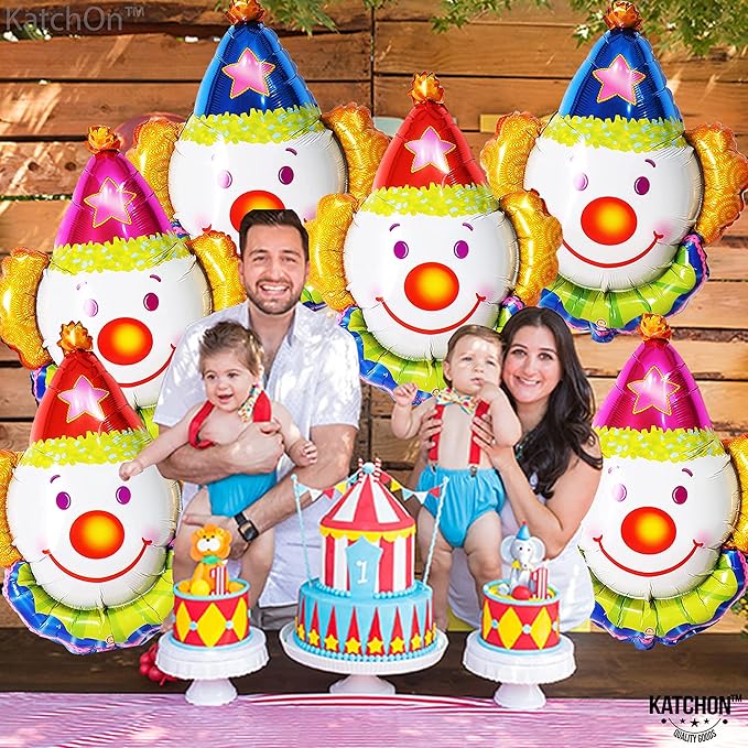 KatchOn, Large Clown Balloons Set - 32 Inch, Pack of 6 | Carnival Balloons for Carnival Decor | Clown Head balloons for Circus Theme Party Decorations | clown Birthday Decorations