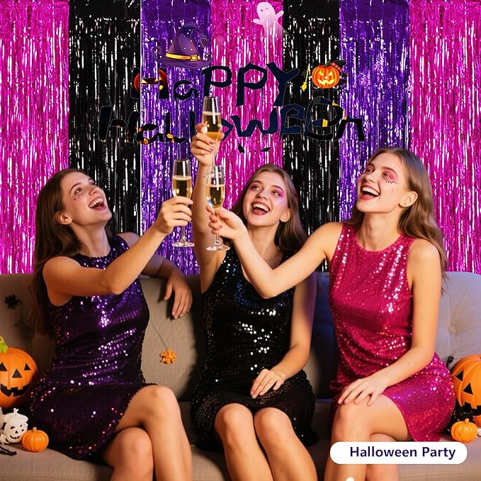 BEISHIDA 3Pcs Purple Pink Black Door Streamers Backdrop Foil Fringe Tinsel Curtains Backdrops for Birthday Witch Theme Halloween Party Decoration (3.28 ft x 6.56 ft)