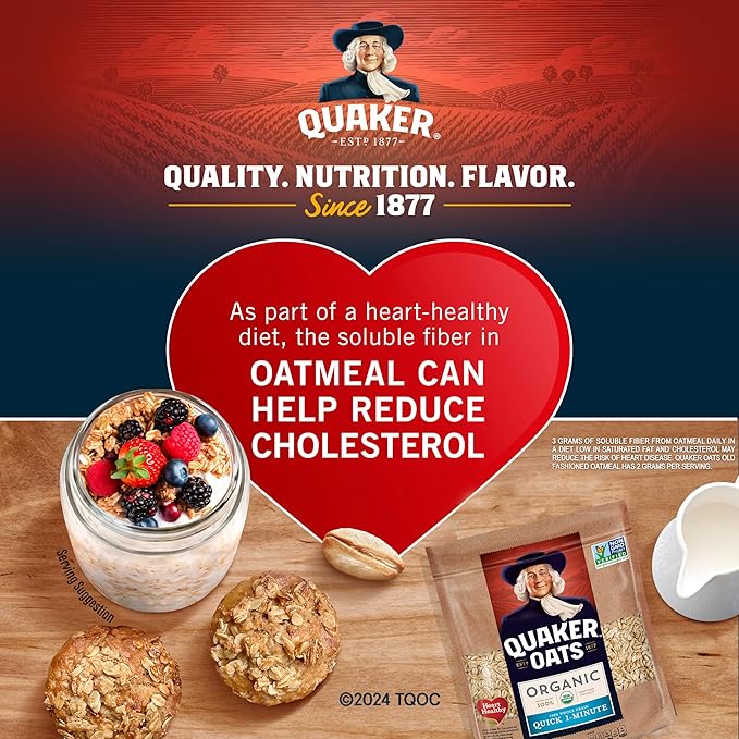Quaker Organic Quick Cook Oatmeal, Breakfast Cereal, Non-GMO Project Verified, 24 Oz(Pack of 4)