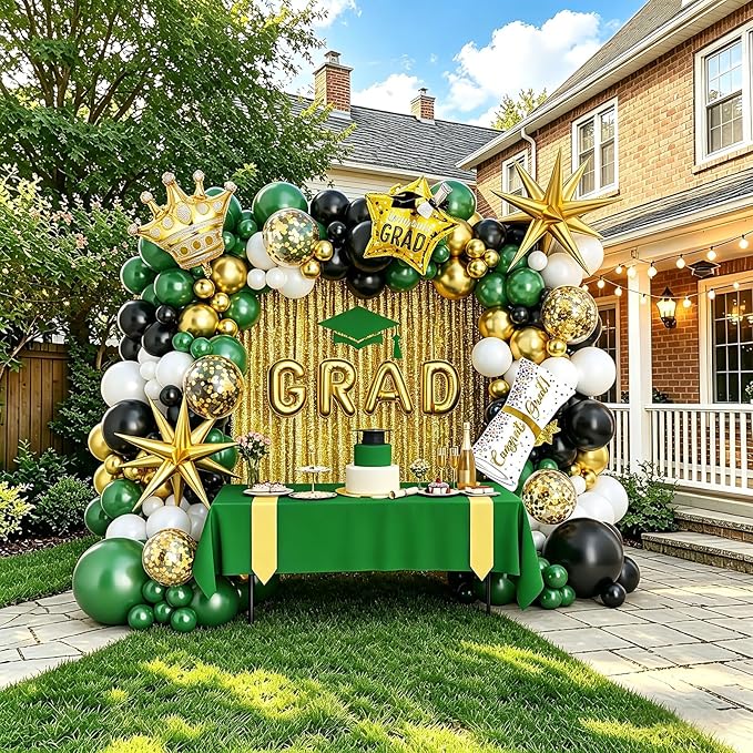 Graduation Balloon Arch Garland Kit Green Gold Black White Graduation Decorations 2026 for College High School Class of 2026 Grad Party Prom Decor