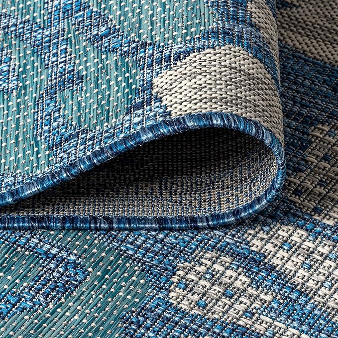 JONATHAN Y Floral Textured Weave Indoor Outdoor Round Area Rug 5 Ft Navy/Aqua, Zinnia Modern for Backyard, Patio, Porch, Easy-Cleaning, High Traffic, Pet-Friendly, Non-Shedding (SMB110C-5R)
